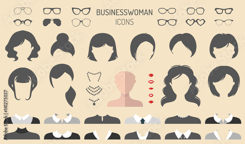 Vector set of dress up constructor with businesswoman haircuts, lips etc. in flat style. Female faces icon creator.
