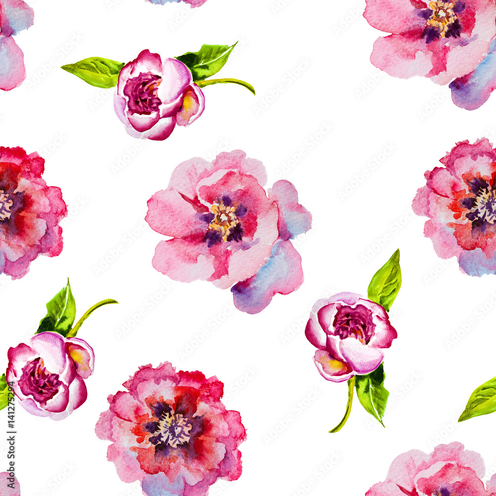 Pink blooming peony watercolor.Seamless pattern
