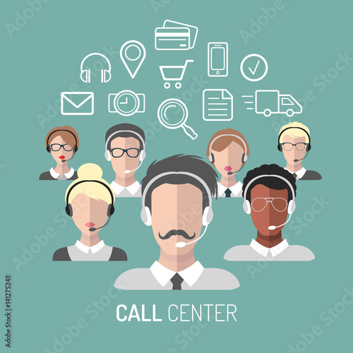 Vector illustration of customer service, call center operators icons with headsets.