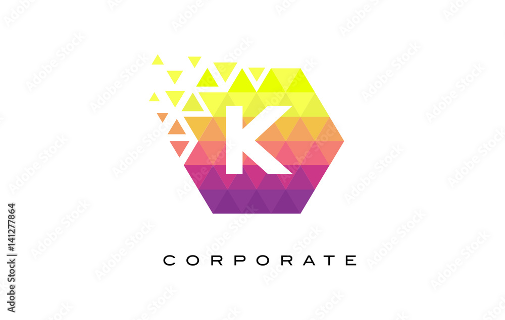 K Colorful Hexagonal Letter Logo Design with Rainbow Mosaic Pattern. K Colorful Hexagonal Letter Logo Design with Rainbow Mosaic Pattern.