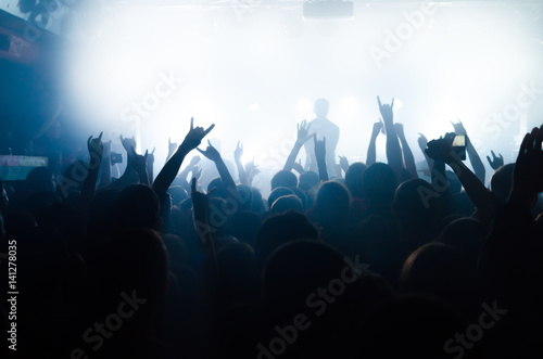 silhouettes of people at a rock festival concert in front of the