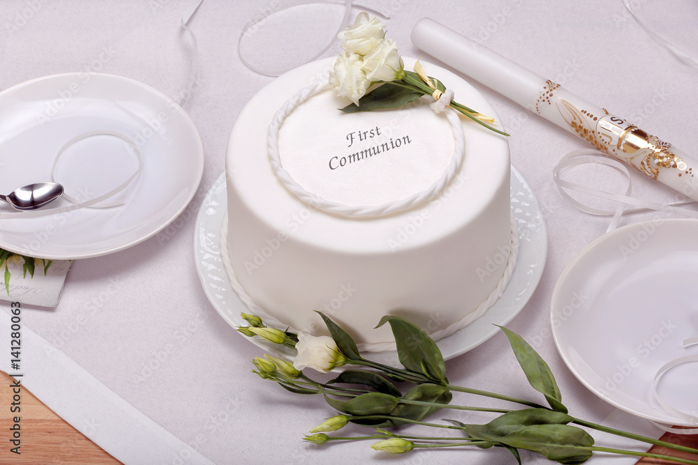 first holy communion cake on the table first holy communion cake on the table