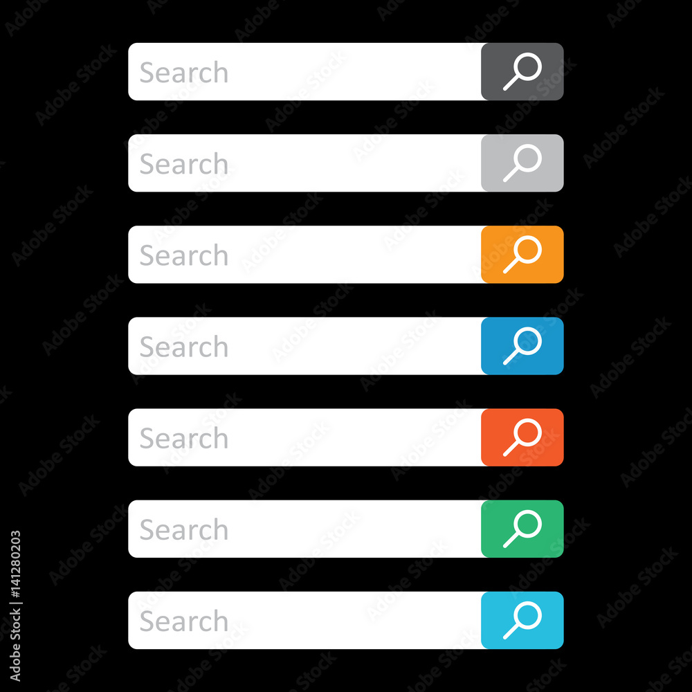 Search bar field. Set vector interface elements with search button. Flat vector illustration on black background. Search bar field. Set vector interface elements with search button. Flat vector illustration on black background.