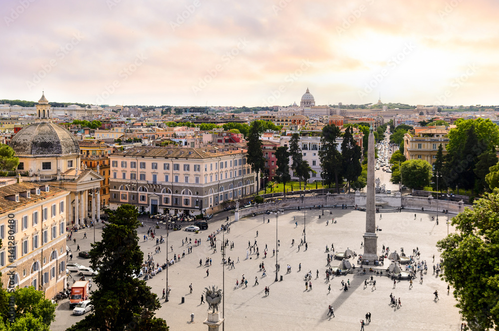Naklejka premium panoramic view of Piazza del Popolo and St. Peter's Basilica, Rome, Italy