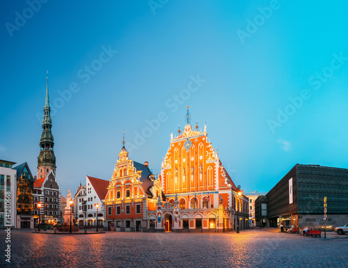 Riga Latvia. Scenic Panoramic View Of Town Hall Square With Famo