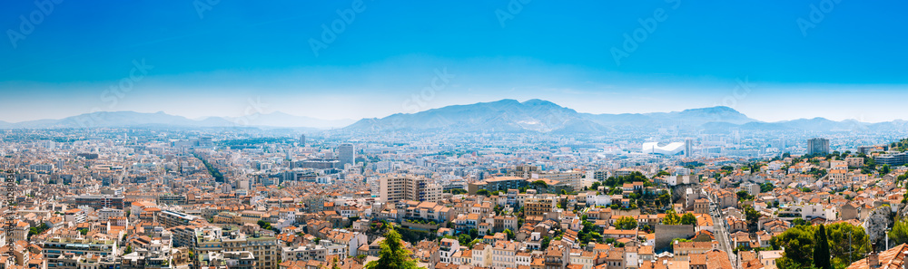 Urban panorama, aerial view, cityscape of Marseille, France. Sunny