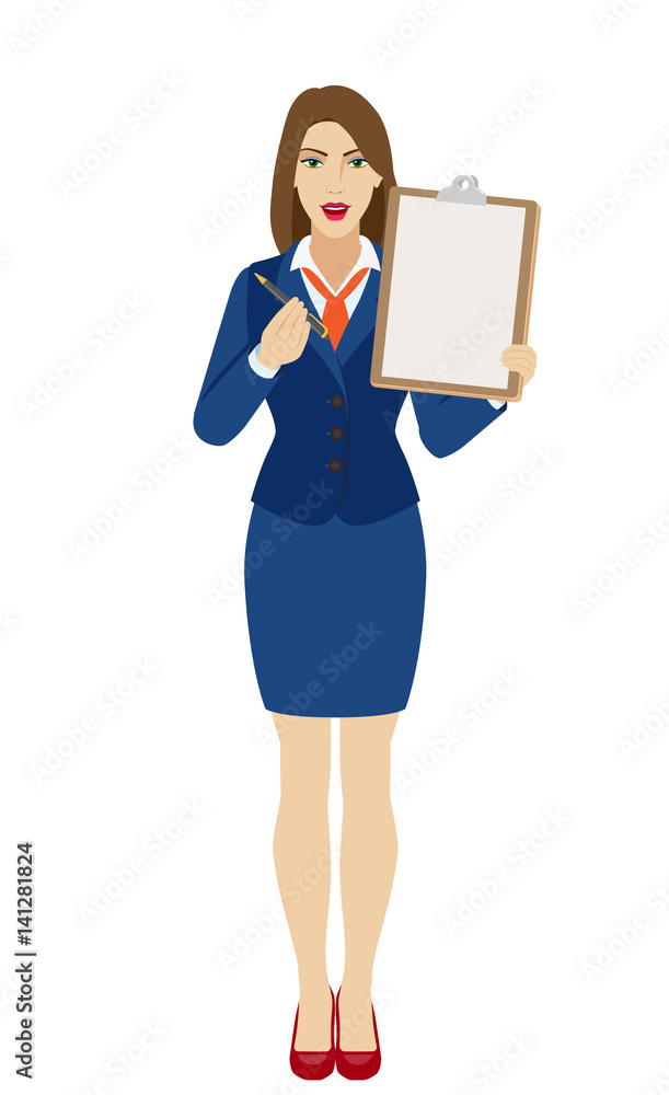 Businesswomen offers to sign a document holding clipboard Businesswomen offers to sign a document holding clipboard