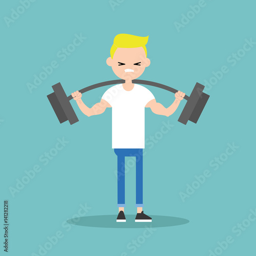 Young blond boy lifting a heavy weight barbell. Weightlifter holding a barbell in the gym / Vector flat editable illustration, clip art