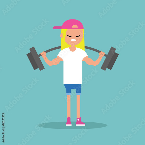 Young blond girl lifting a heavy weight barbell / Vector flat editable illustration, clip art