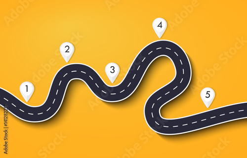 Winding Road on a Colorful Background. Road way location infographic template with pin pointer. Vector EPS 10