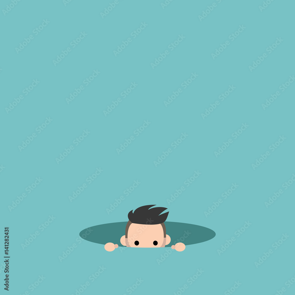 Curious boy hiding in the hole and prying / editable flat vector illustration, clip art