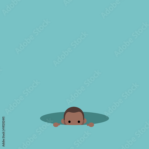 Curious black man hiding in the hole and prying / editable flat vector illustration, clip art