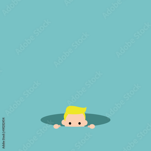 Curious blond boy hiding in the hole and prying / editable flat vector illustration, clip art