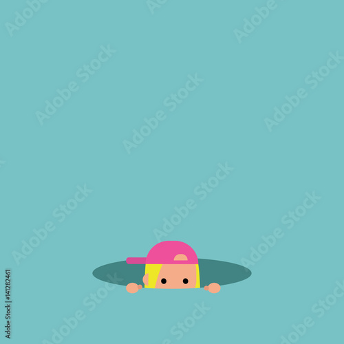 Curious blond girl hiding in the hole and prying / editable flat vector illustration, clip art