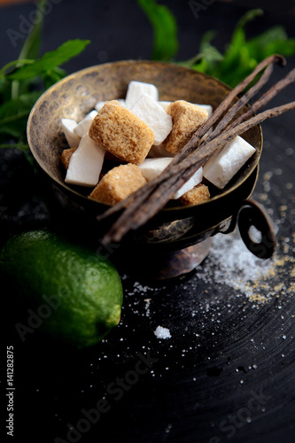 food, healthy, bowl, lime, mint, fresh, cookery, delicious, rustic, still life, tabletop, bronze, spicy, vanilla pods, brown sugar, white sugar, sweet