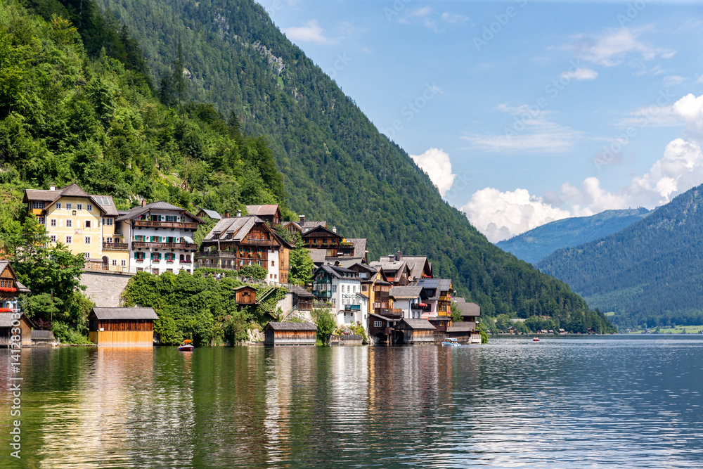 Hallstatt mountain village at Hallstattersee lake in the Austrian Alps in summer, Salzkammergut