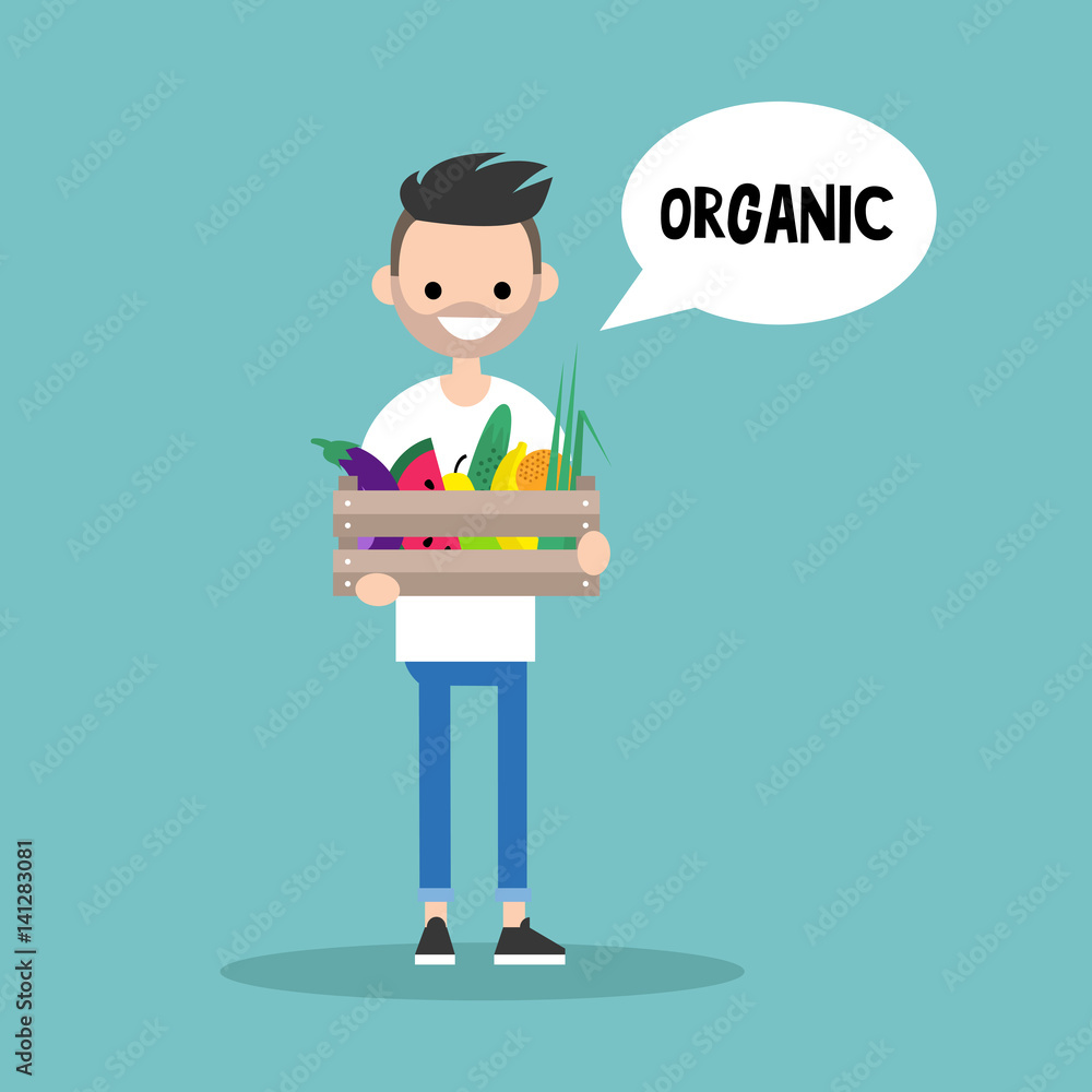 Young vegetarian bearded man holding a crate full of fruits and vegetables / editable flat vector illustration, clip art Young vegetarian bearded man holding a crate full of fruits and vegetables / editable flat vector illustration, clip art