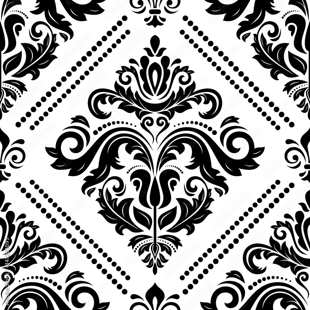 Damask vector classic black and white pattern. Seamless abstract background with repeating elements. Orient background