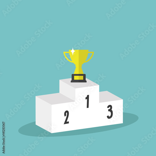 Victory conceptual illustration. White pedestal and golden champion cup / flat editable clip art illustration