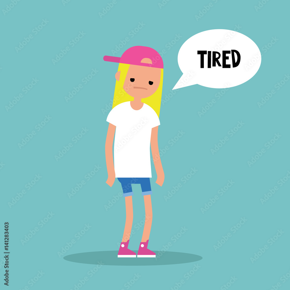 Young exhausted blonde girl. Sad tired character/ flat editable vector