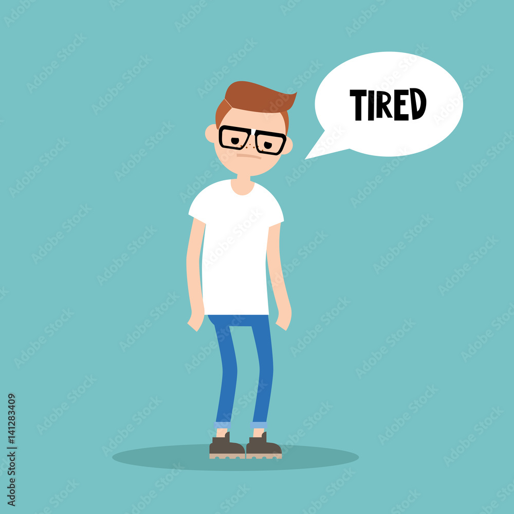 Young exhausted nerd. Sad tired character/ flat editable vector illustration