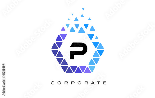 P Blue Hexagon Letter Logo with Triangles.