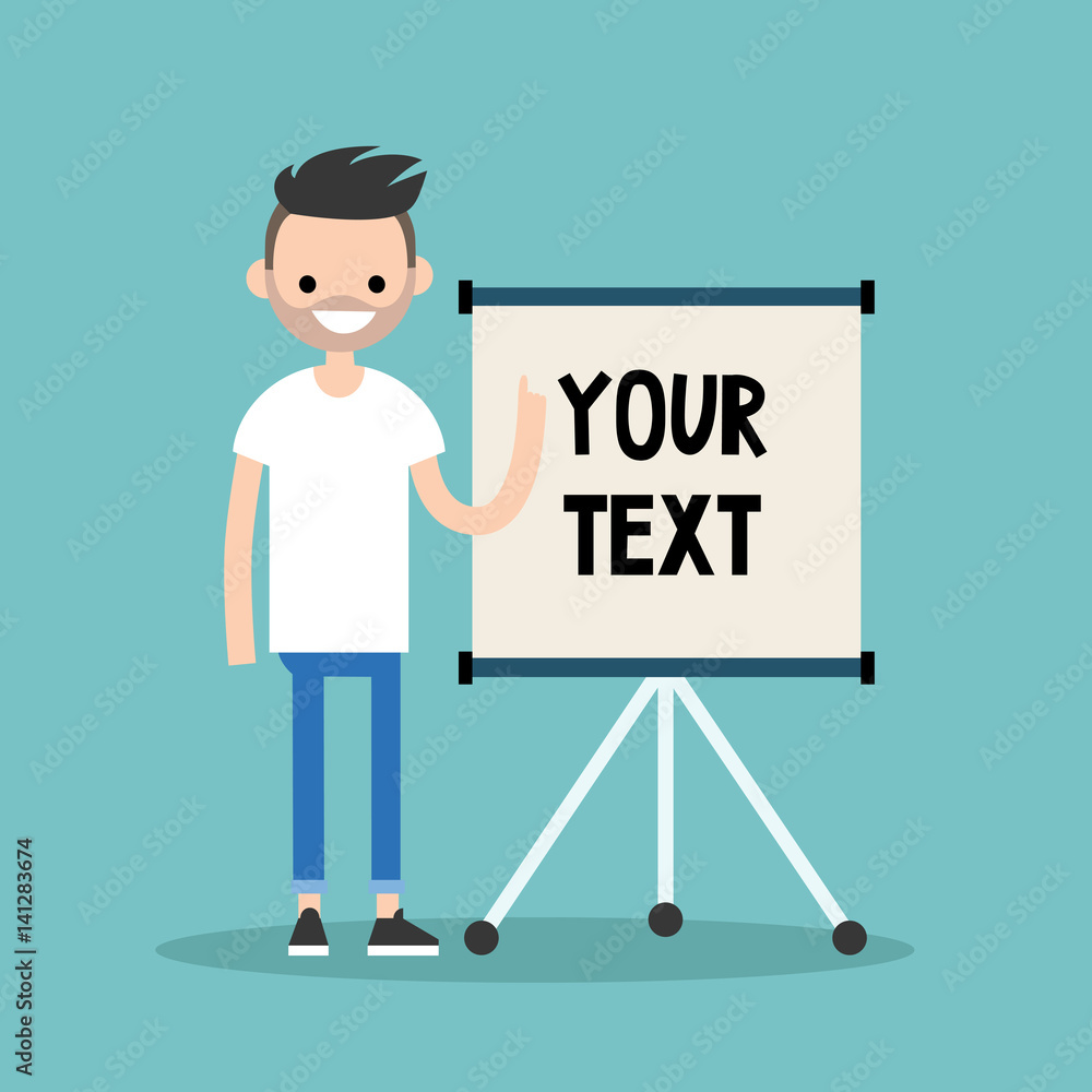 Young bearded man pointing on the flip chart. Your text here / flat editable vector illustration