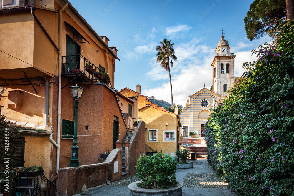 Beautiful church and traditional architecture of Portofino town, Italy