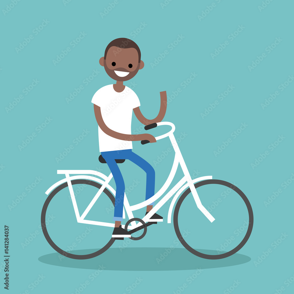 Young black man riding a bike and waving his hand / editable flat vector illustration, clip art Young black man riding a bike and waving his hand / editable flat vector illustration, clip art