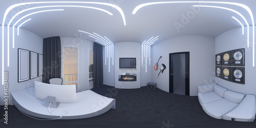 3d illustration of interior design of a home office in a space style. Render is executed, 360 degree spherical seamless panorama for virtual reality. Cabinet musician.