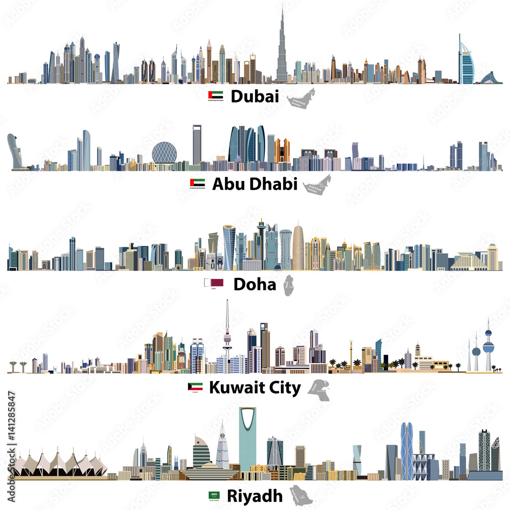 Fototapeta premium Dubaj, Abu Zabi, Doha, Rijad i Kuwejt na tle nieba z flagami i mapami Zjednoczonych Emiratów Arabskich, Kataru, Kuwejtu i Arabii Saudyjskiej
