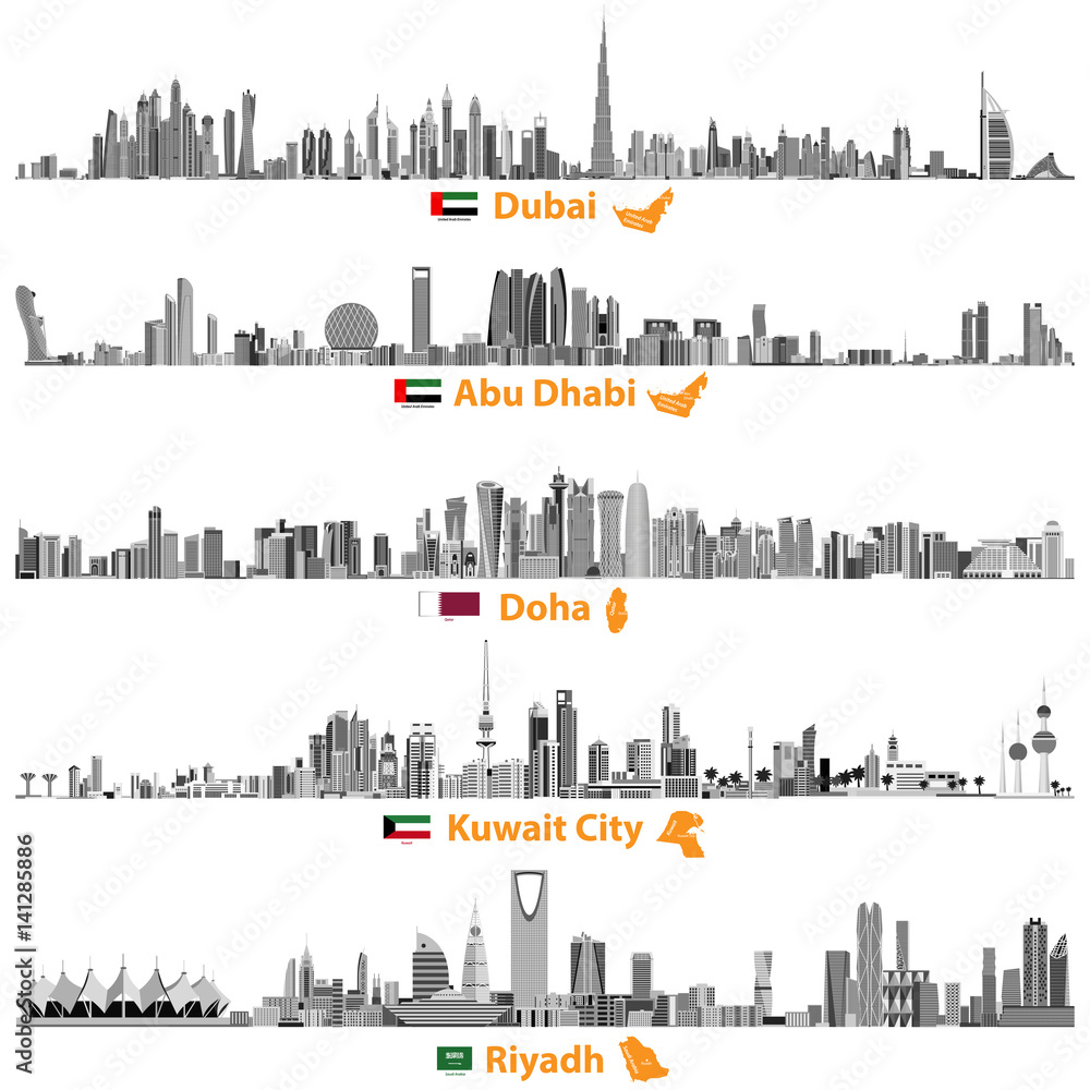 Naklejka premium abstrakcyjne ilustracje wektorowe Dubaju, Abu Zabi, Doha, Rijadu i Kuwejtu panoramy miasta w czarno-białej palecie kolorów z flagami i mapami Zjednoczonych Emiratów Arabskich, Kataru, Kuwejtu i Arabii Saudyjskiej