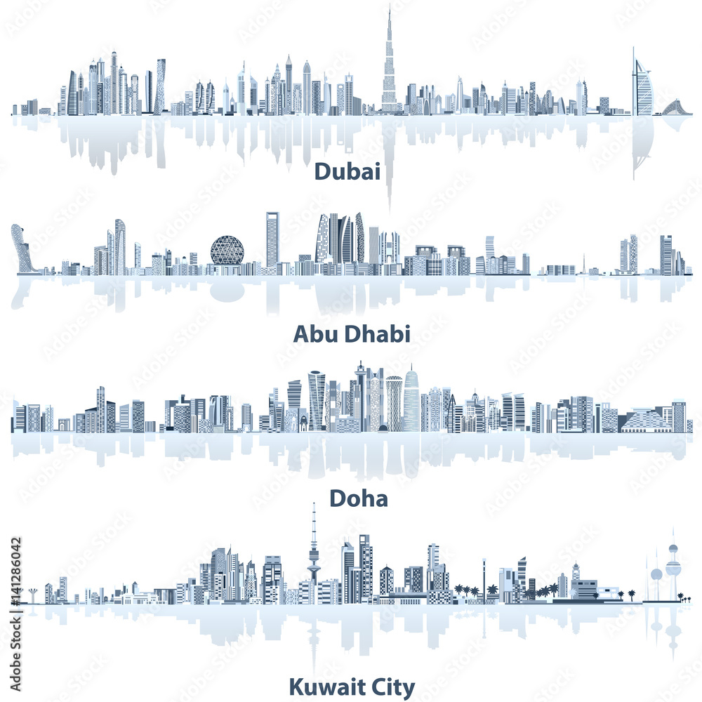 Fototapeta premium Dubai, Abu Dhabi, Doha and Kuwait city skylines vector illustrations