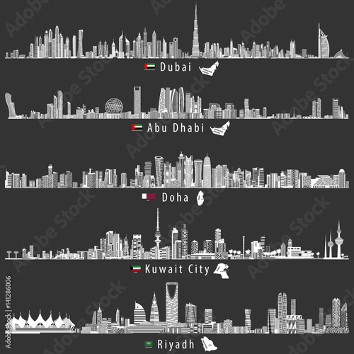 Dubai, Abu Dhabi, Doha, Riyadh, Kuwait cities skylines at night in grey scales color palette vector illustrations with flags and maps of UAE, Qatar, Kuwait and Saudi Arabia photo