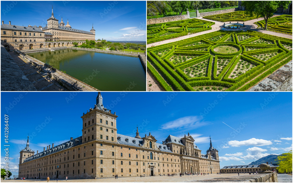 Collage of Park in Castle Escorial at San Lorenzo near Madrid Spain 