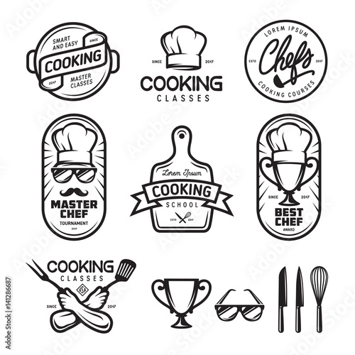 Cooking classes labels set. Vector vintage illustration.