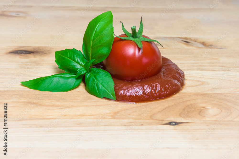 Ketchup cuncept tomato puree basil board ingredients italian sauce Ketchup cuncept tomato puree basil board ingredients italian sauce