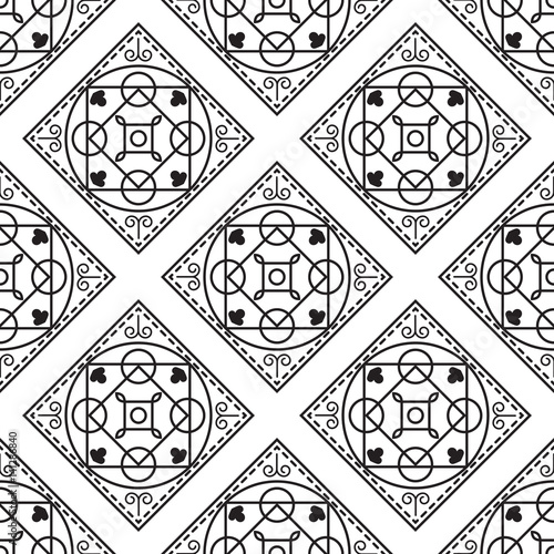 Portuguese black and white mediterranean seamless tile pattern. Geometric monochrome shapes vector texture for ceramic design, textile and wallpaper.