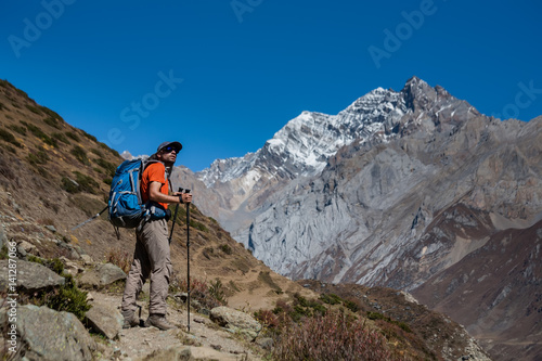 Trekker on Manaslu circuit trek in Nepal