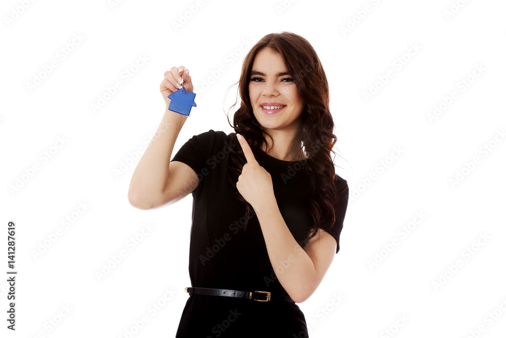 Girl with the key. Isolated over white Girl with the key. Isolated over white