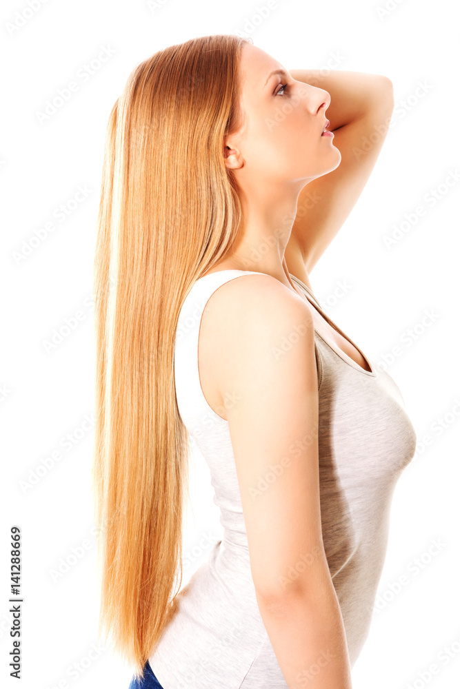 Blond hair. Beautiful woman with straight long hair. Blond hair. Beautiful woman with straight long hair.