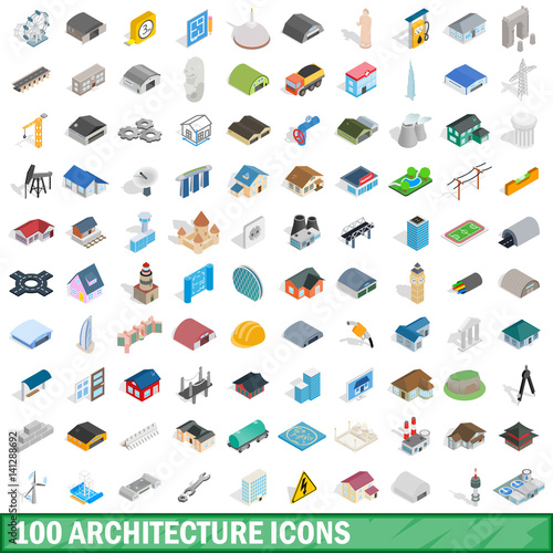 100 architecture icons set, isometric 3d style