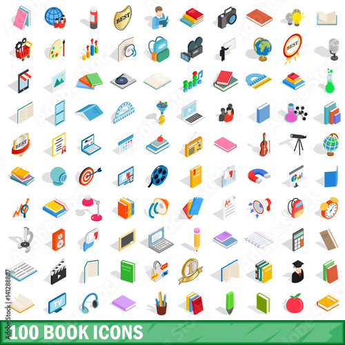 100 book icons set, isometric 3d style