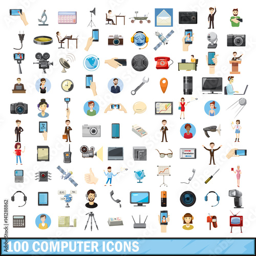 100 computer icons set, cartoon style