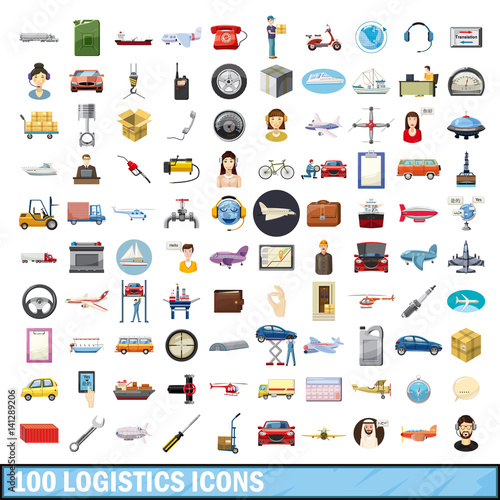 100 logistics icons set, cartoon style