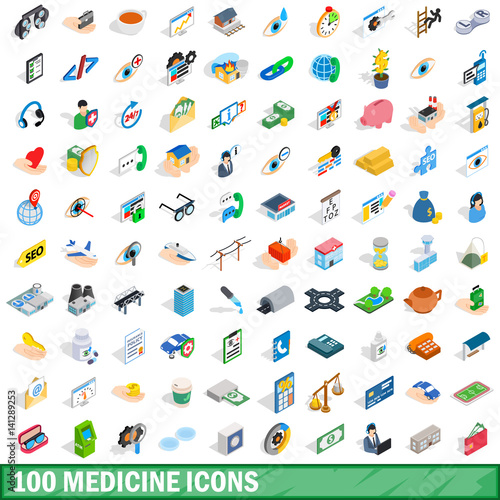 100 medicine icons set, isometric 3d style