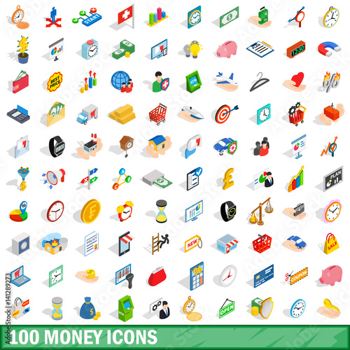 100 money icons set, isometric 3d style