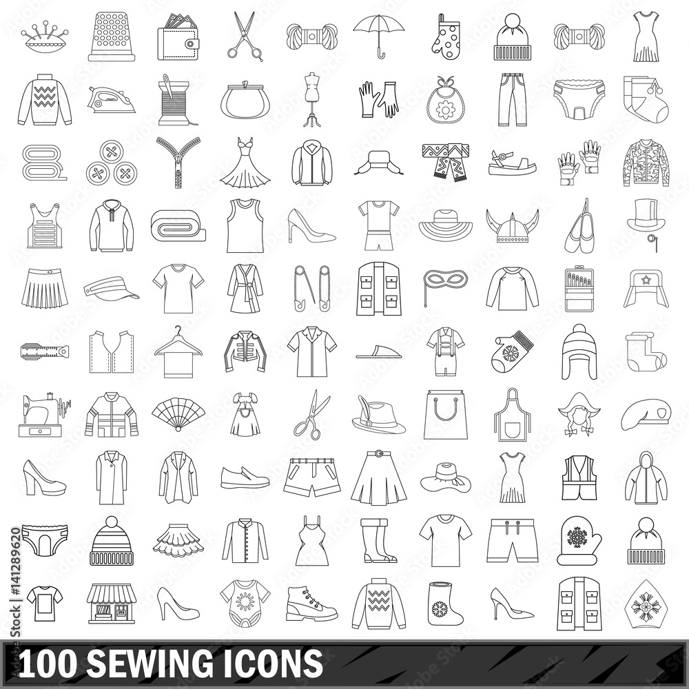 100 sewing icons set, outline style 100 sewing icons set, outline style