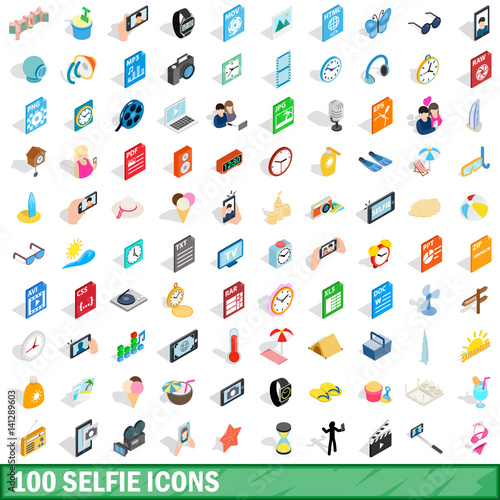 100 selfie icons set, isometric 3d style