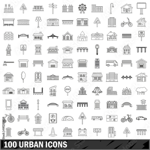 100 urban icons set, outline style